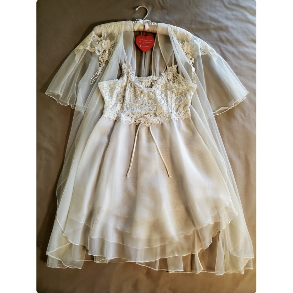 90s Cinema Etoile Ivory Nightgown & Peignoir Robe L Chiffon & Lace